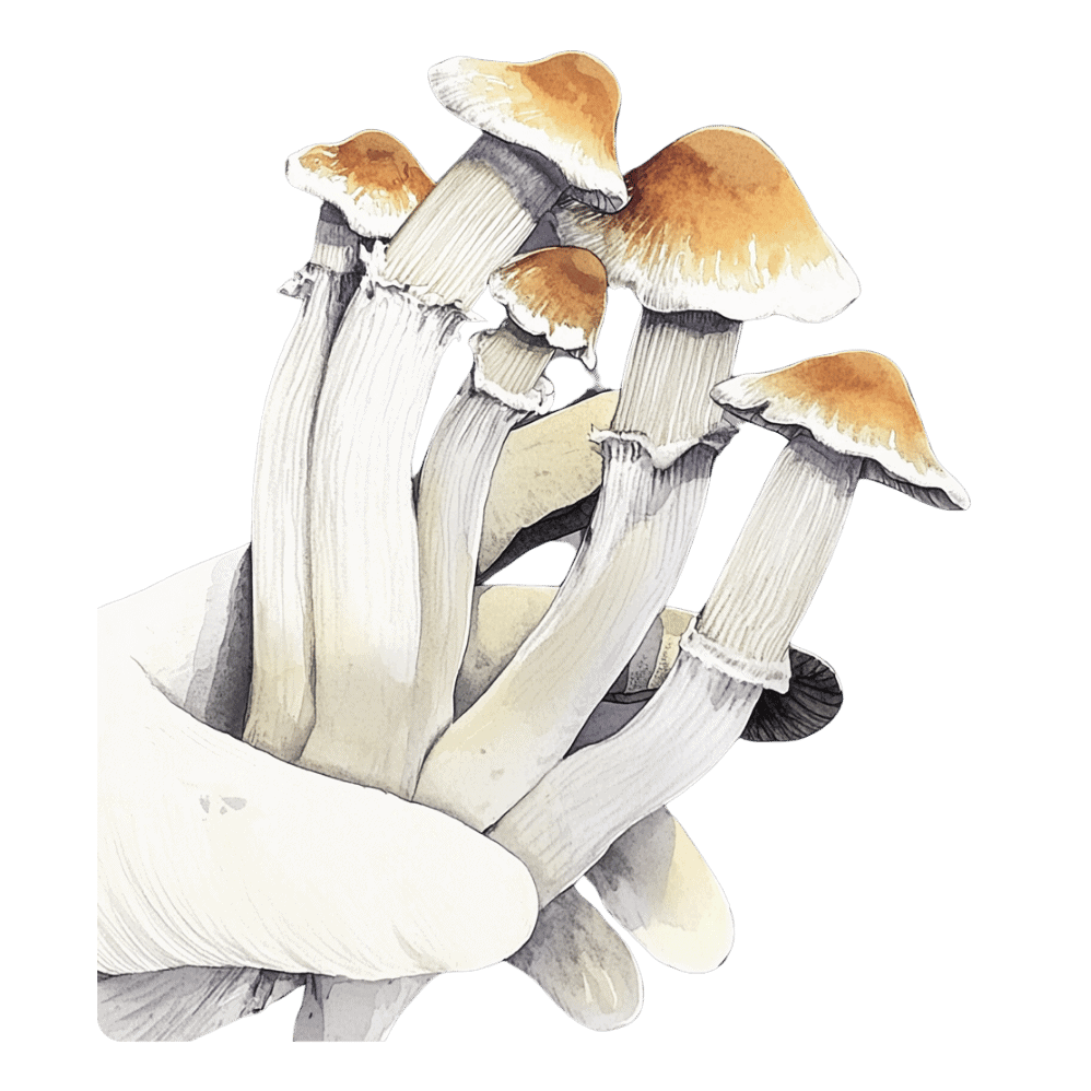 tidal wave mushrooms being held by a gloved hand, still air box