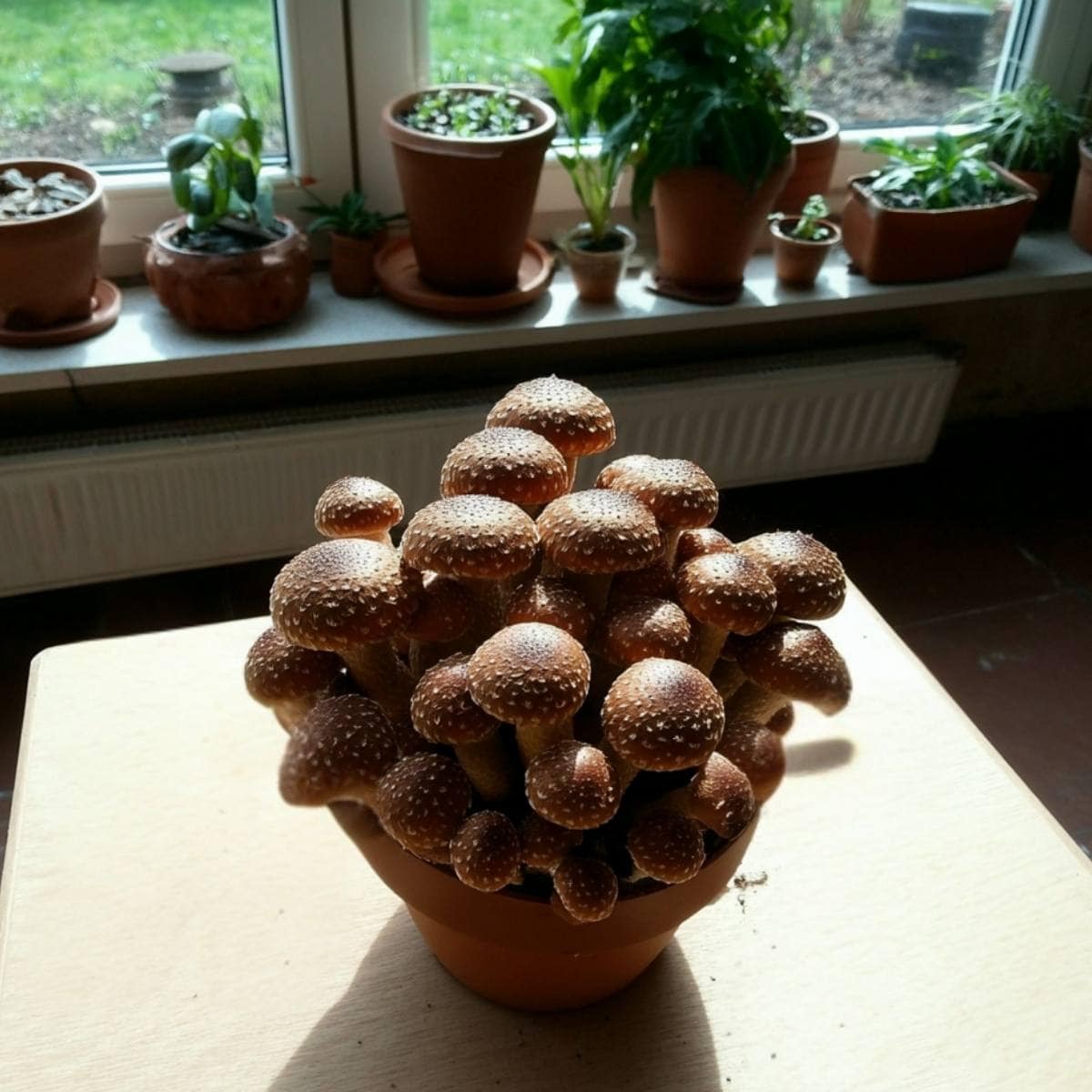 chestnut mushrooms growing in a pot on an empty wooden table